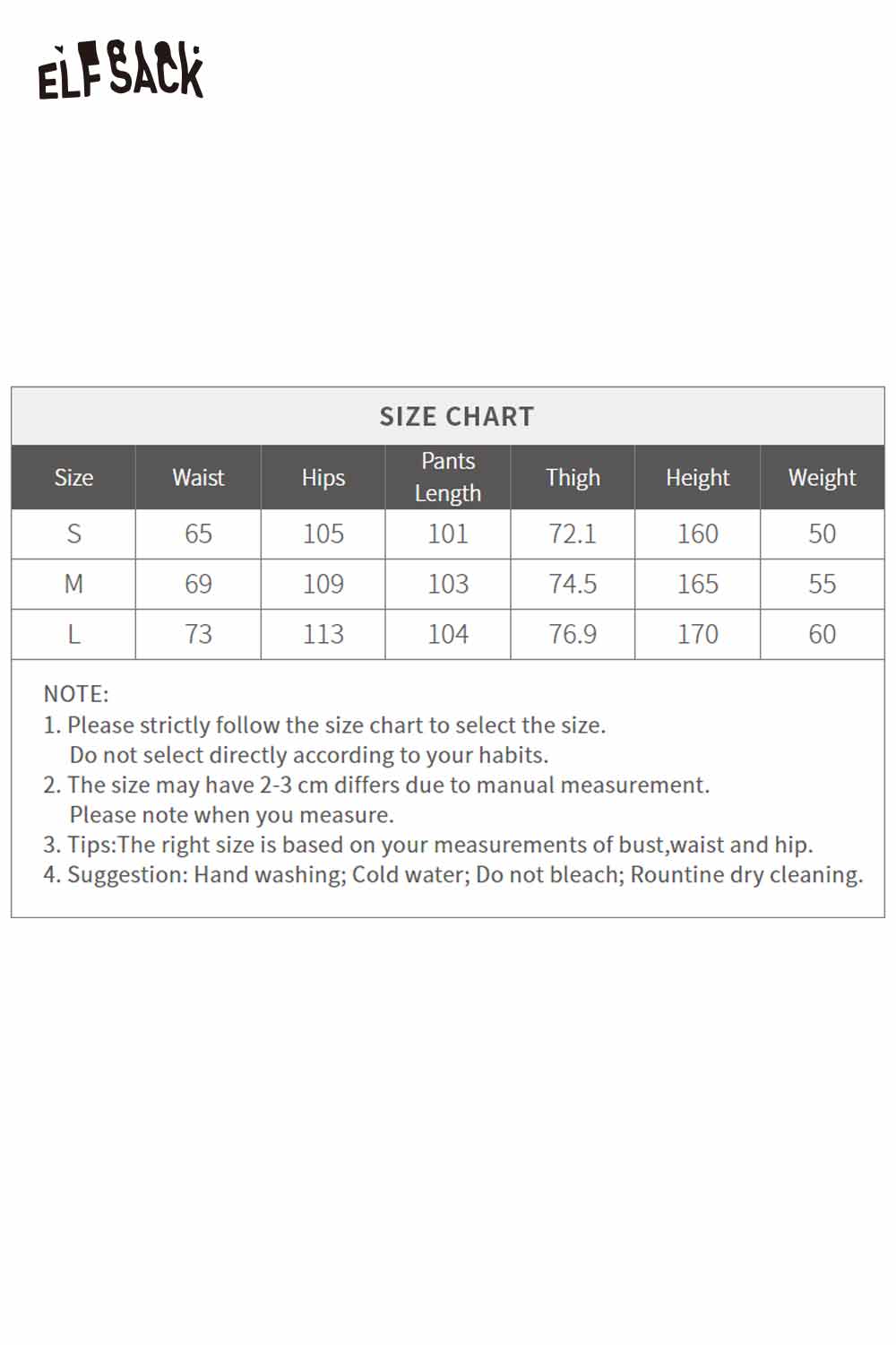 Size chart for ELFSACK plaid wide leg pants for women with measurements for waist, hips, and length