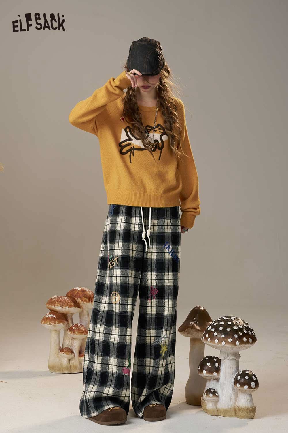 ELFSACK plaid wide leg pants for women with colorful embroidery details and a relaxed fit