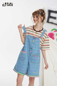 Playful Colorful Button Denim Overalls
