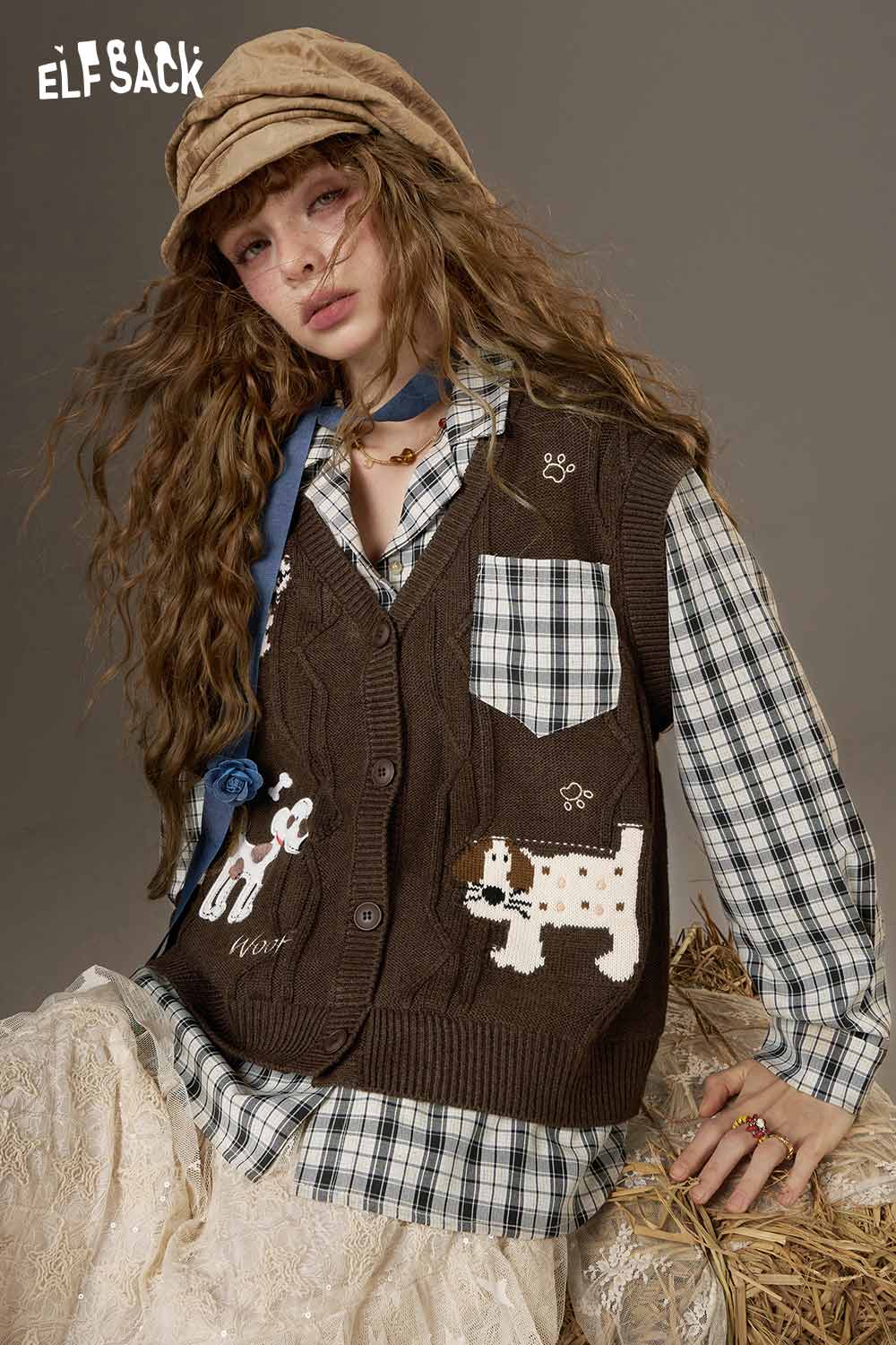 ELFSACK playful embroidered knit top featuring a cute dog design on a brown vest