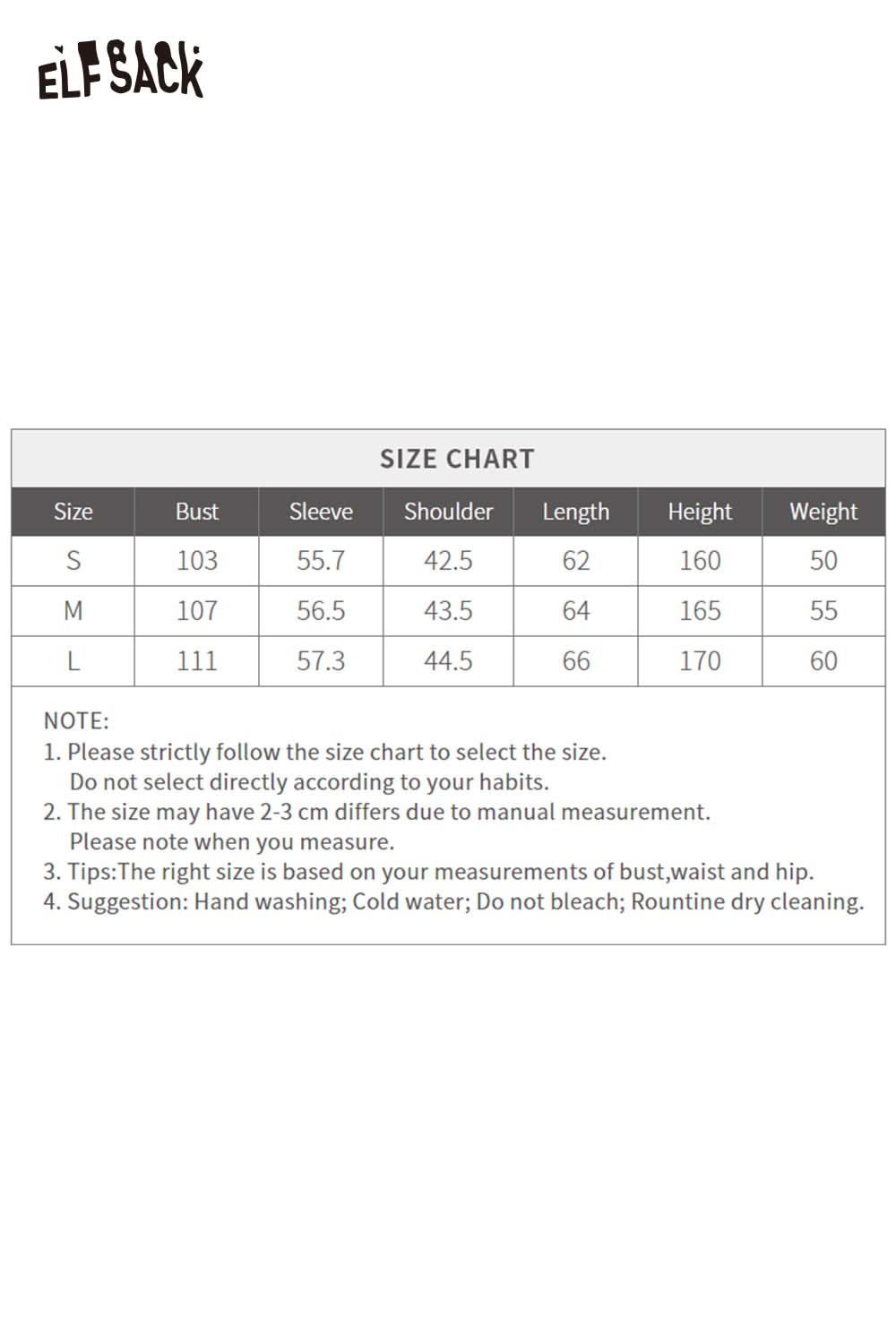 ELFSACK playful embroidered knit top size chart with measurements for different sizes.
