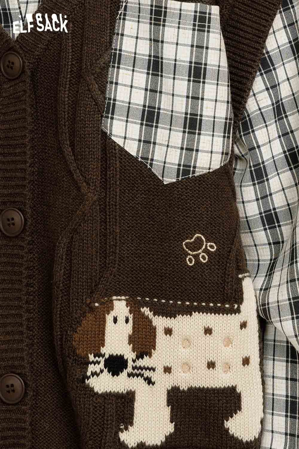 ELFSACK playful embroidered knit top featuring a cute dog design and plaid accents