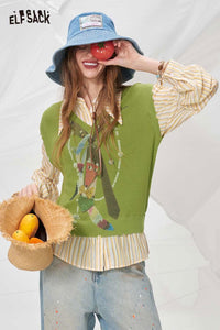 Playful Fox Print Fake Two-Piece Knit Top