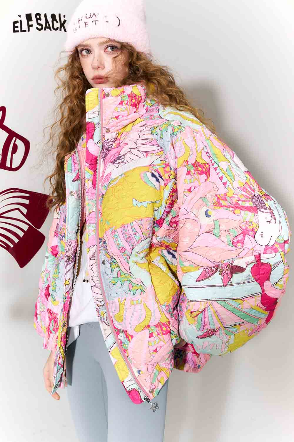 ELFSACK playful graphic bomber jacket for women featuring vibrant colors and unique patterns