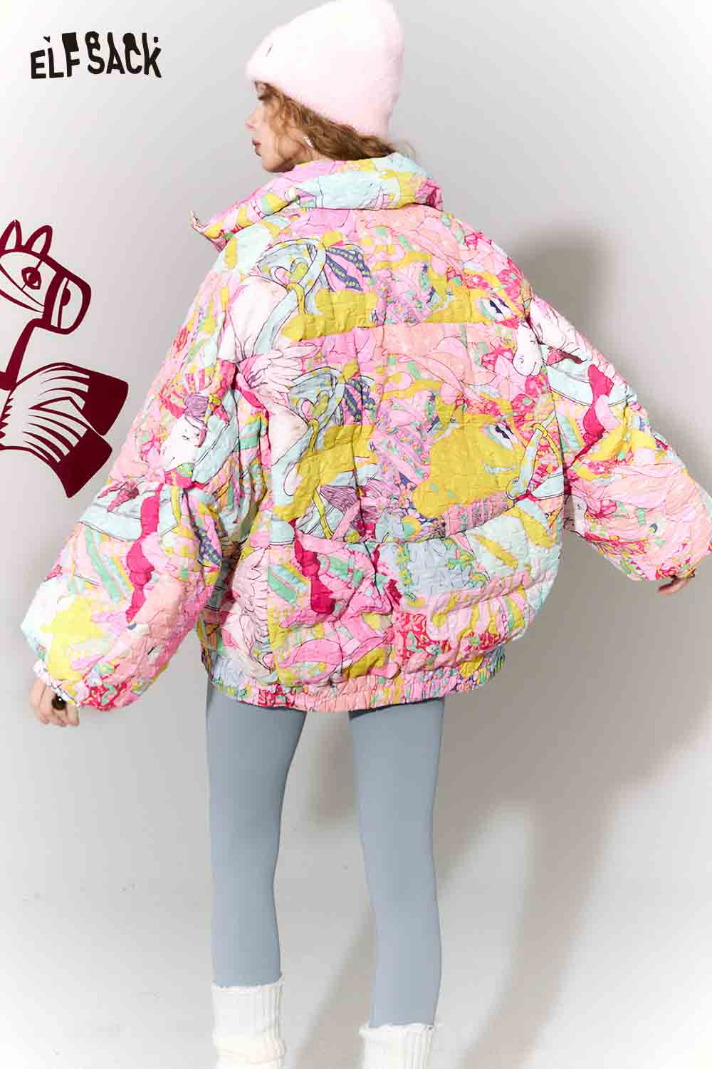 Playful graphic bomber jacket for women by ELFSACK in vibrant colors with unique designs
