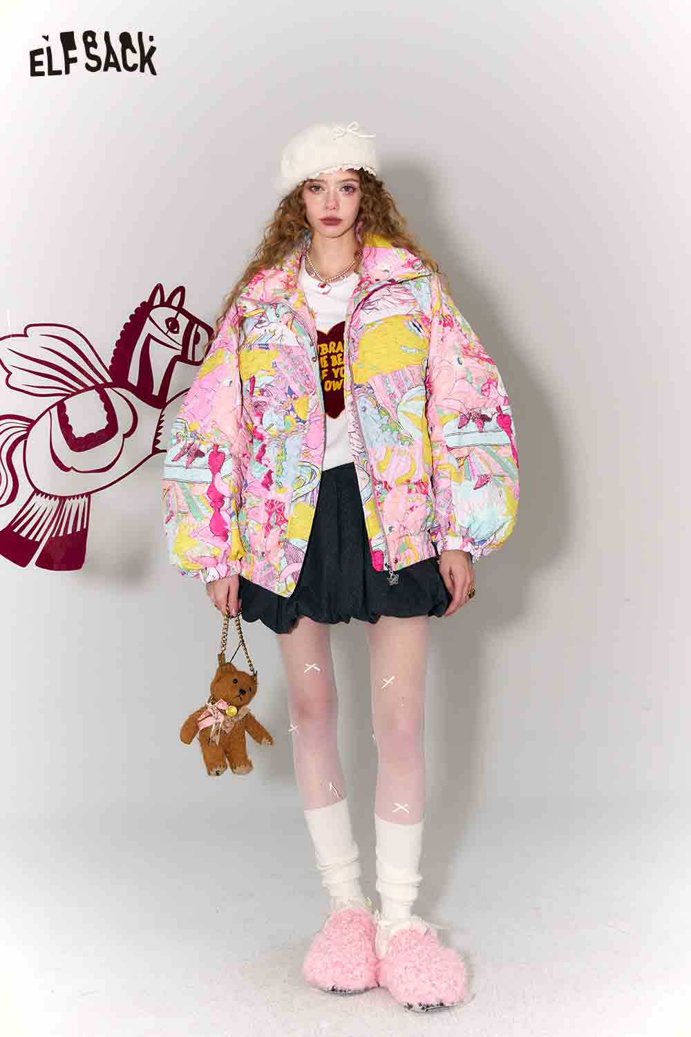 ELFSACK playful graphic bomber jacket for women in vibrant colors with whimsical print and oversized fit