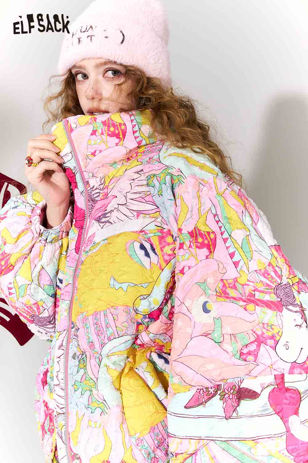 ELFSACK playful graphic bomber jacket for women in vibrant colors featuring unique designs and oversized fit