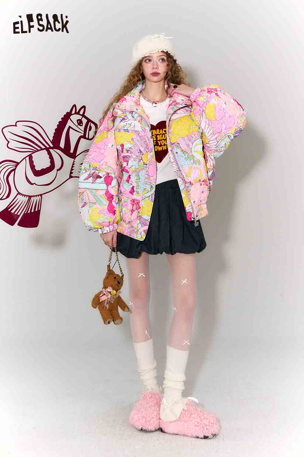 ELFSACK playful graphic bomber jacket for women, featuring a colorful design and oversized fit for stylish flair