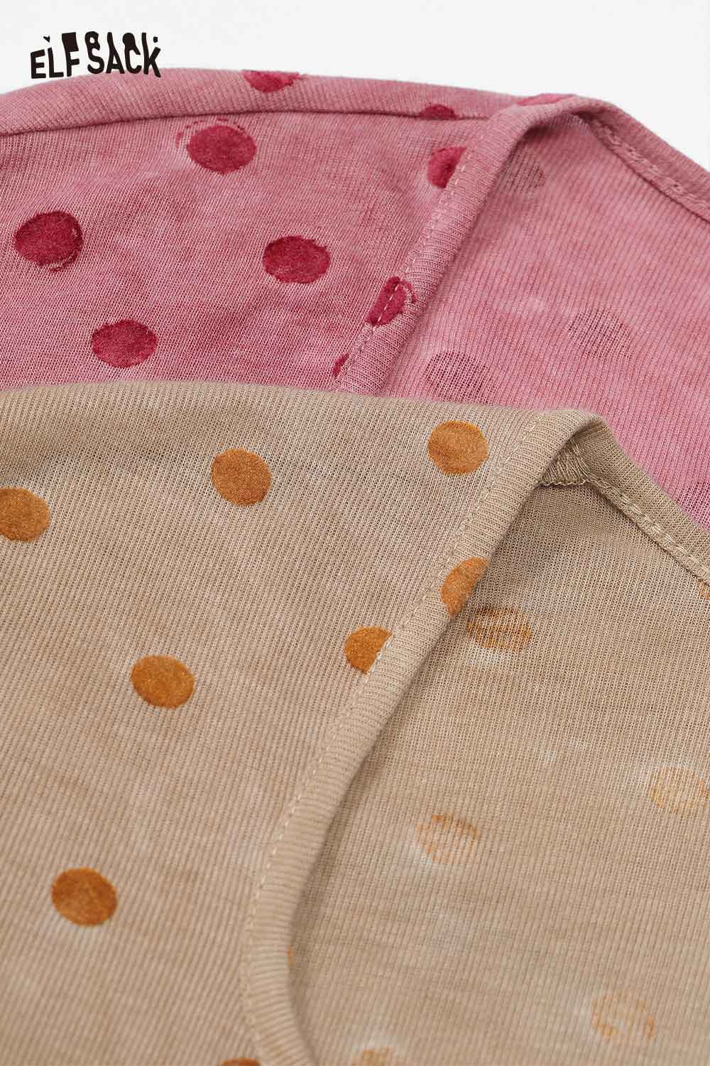 ELFSACK playful graphic print tee for women in pink and beige with colorful polka dots
