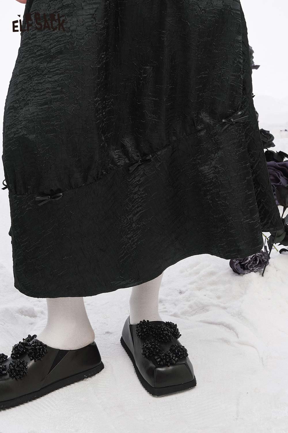 ELFSACK pleated A-line long skirt with Bow Details and Textured Fabric for Stylish Outfits