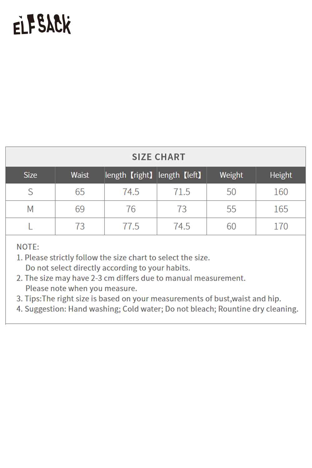 ELFSACK pleated A-line long skirt size chart for accurate fitting and measurements
