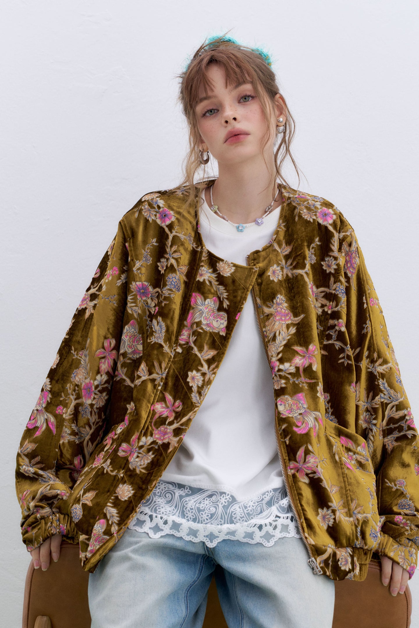 ELFSACK plus size floral velvet bomber jacket with intricate floral design for a stylish look