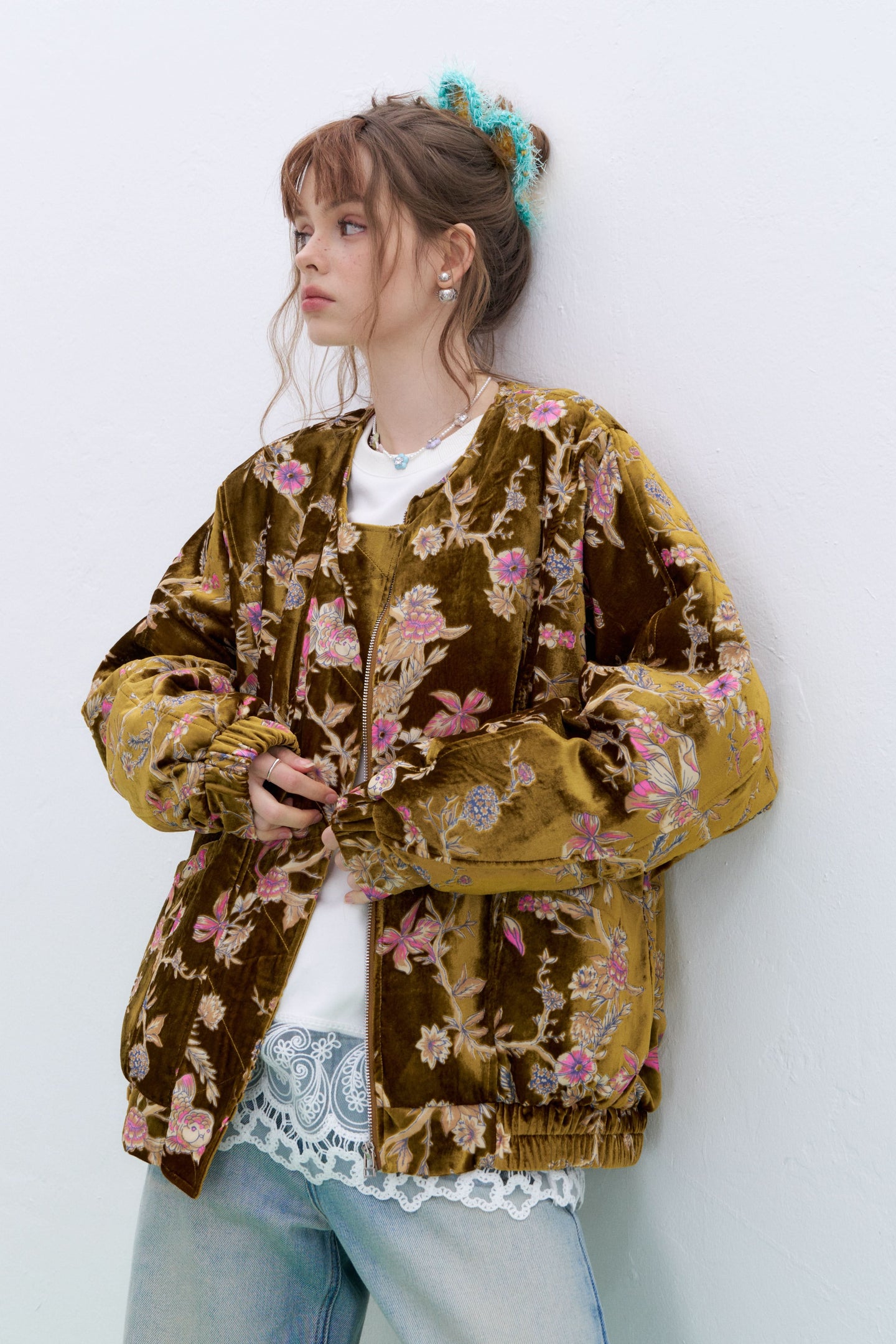 ELFSACK plus size floral velvet bomber jacket in rich gold with intricate floral embroidery