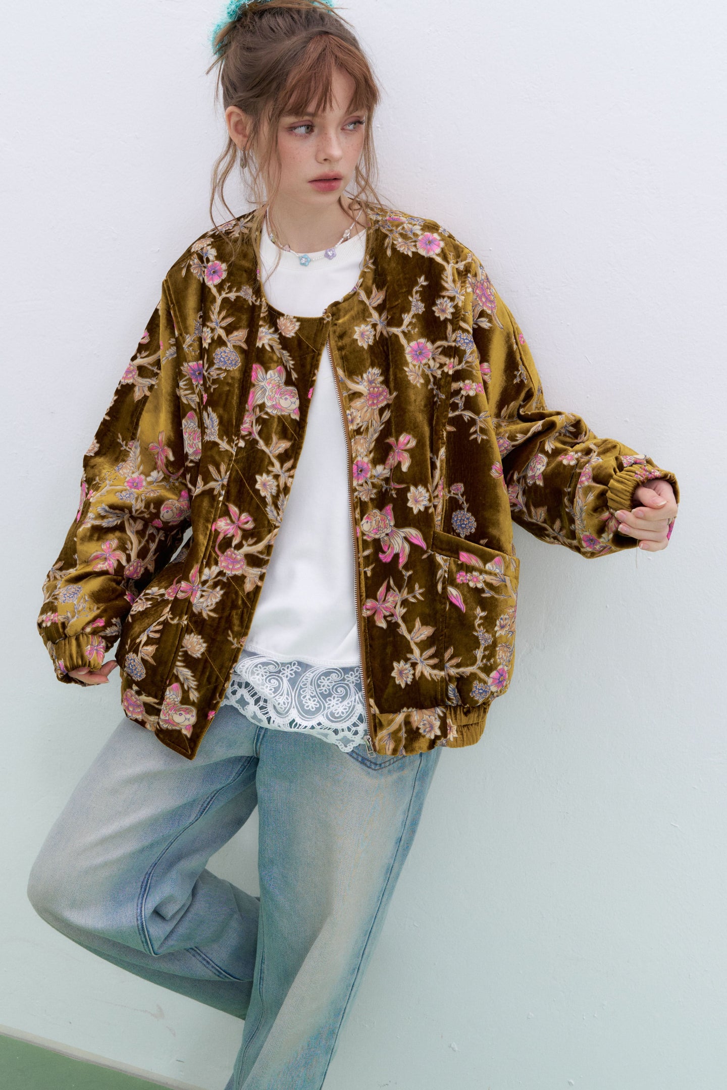 Plus size floral velvet bomber jacket by ELFSACK with a vibrant design and relaxed fit