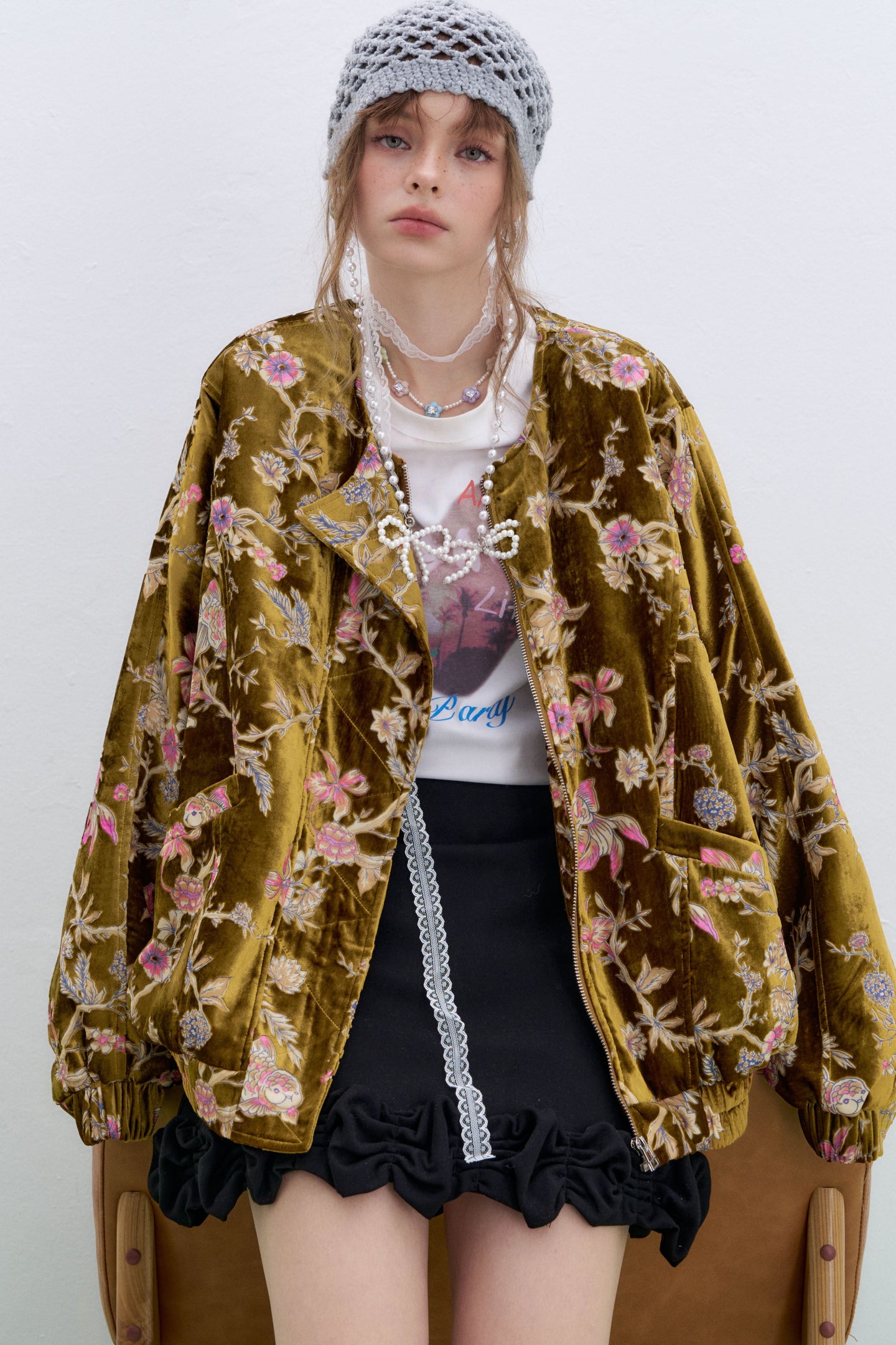 ELFSACK plus size floral velvet bomber jacket with elegant embroidery and relaxed fit for stylish comfort