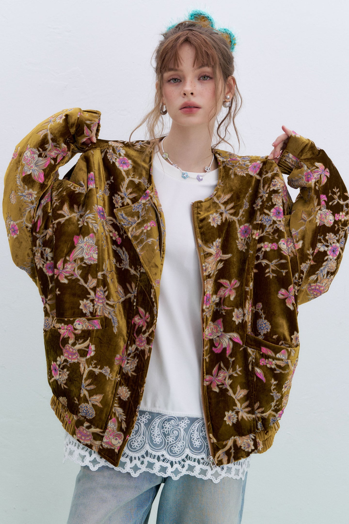 ELFSACK plus size floral velvet bomber jacket featuring vibrant colors and floral embroidery