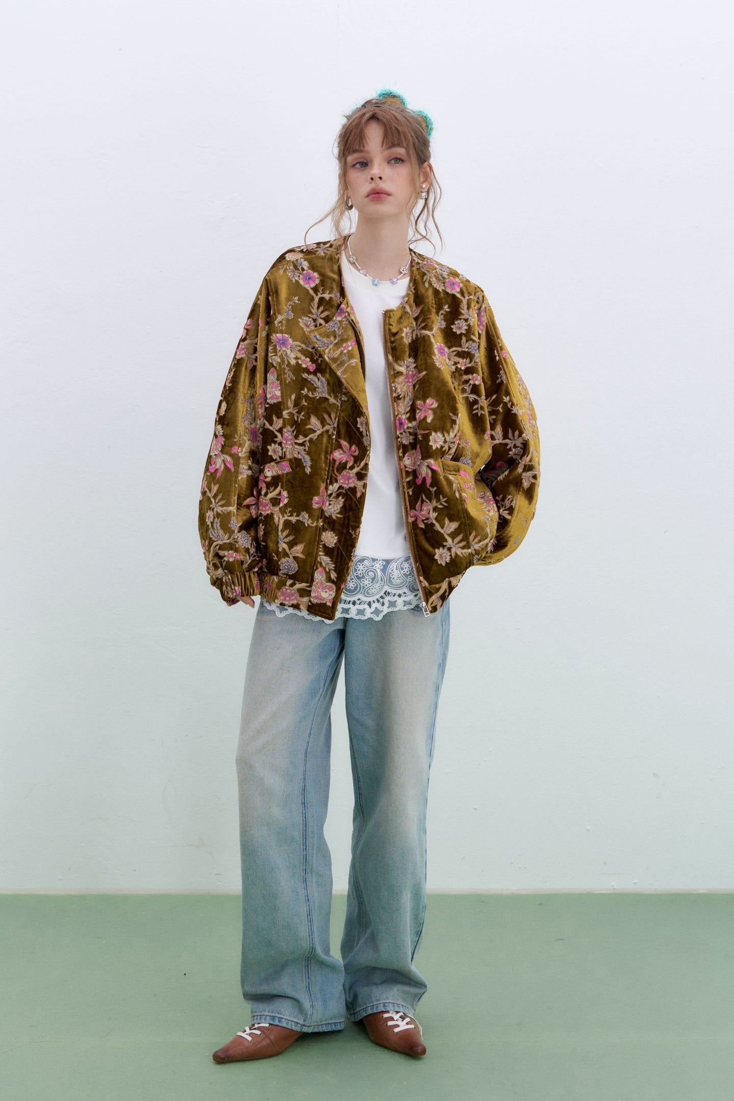 ELFSACK plus size floral velvet bomber jacket with loose fit and colorful floral design