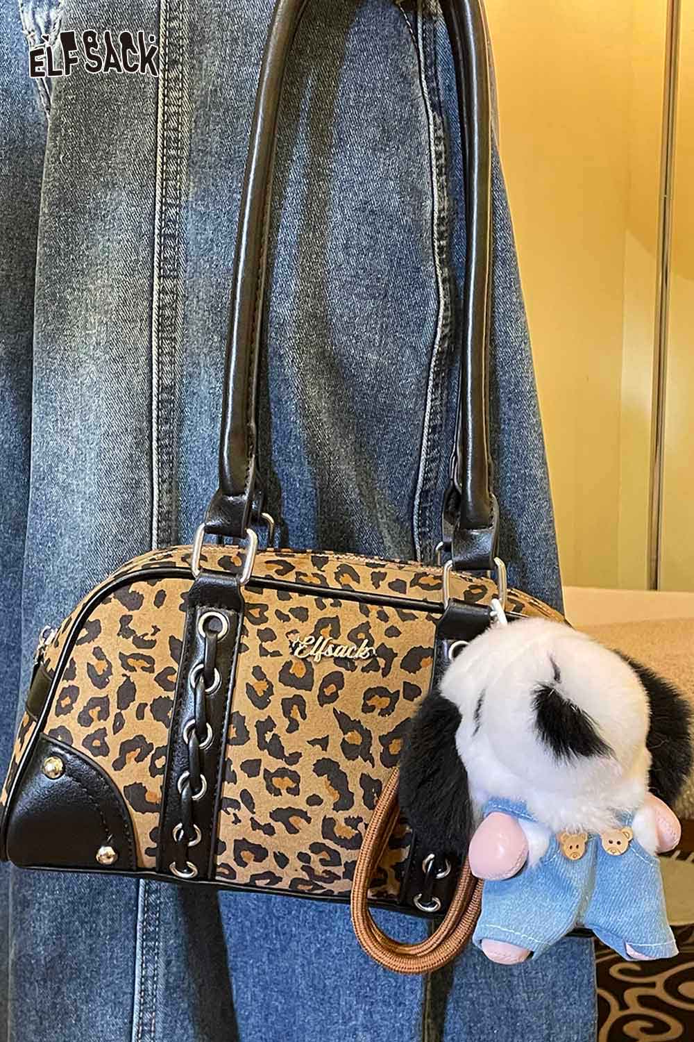 ELFSACK leopard print handbag with a plush animal keychain attached for trendy style
