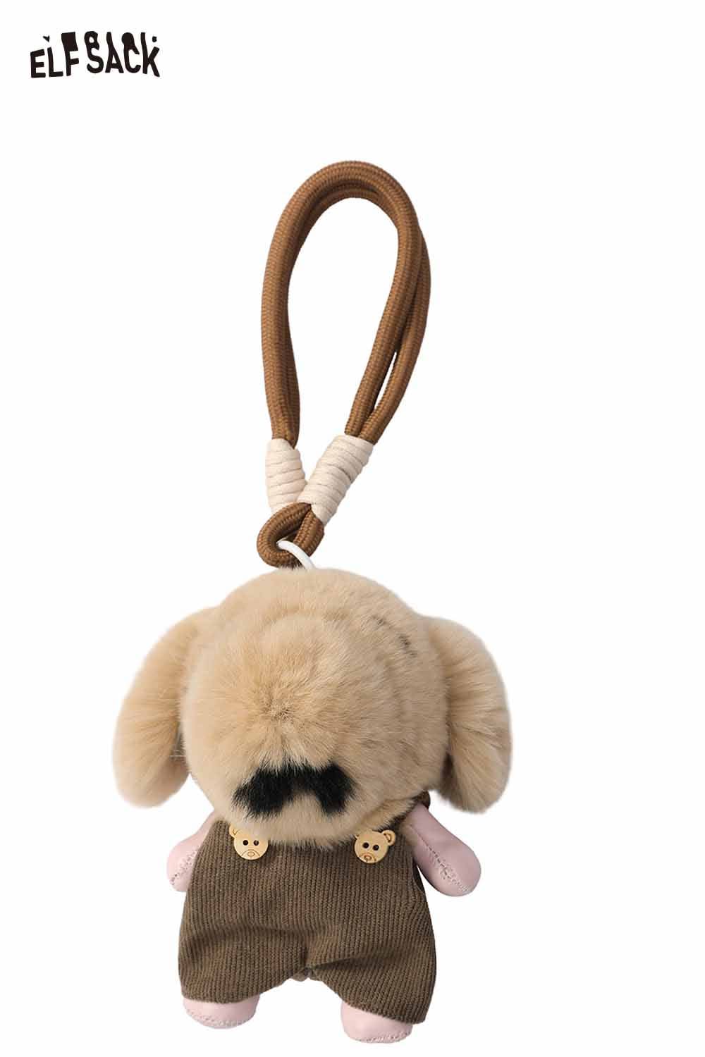 ELFSACK plush animal keychain featuring a cute bear design with overalls and a loop for easy attachment