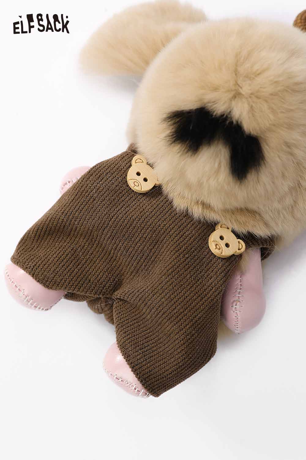 ELFSACK plush animal keychain featuring a cute bear design with cozy brown overalls