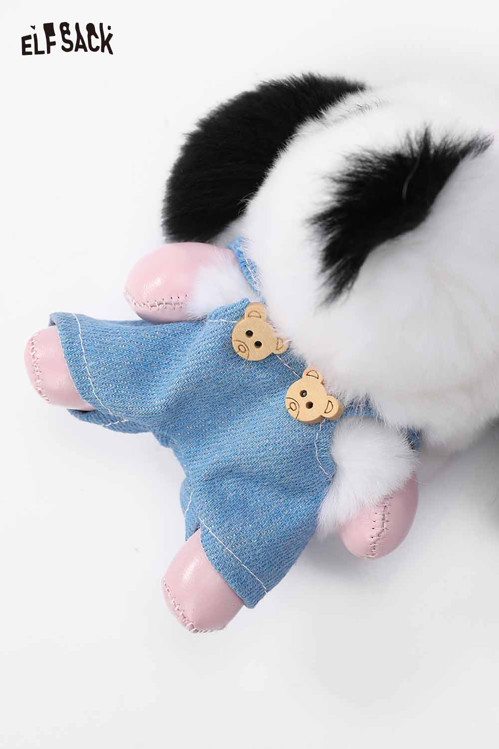 ELFSACK plush animal keychain featuring a cute animal in denim overalls with bear buttons