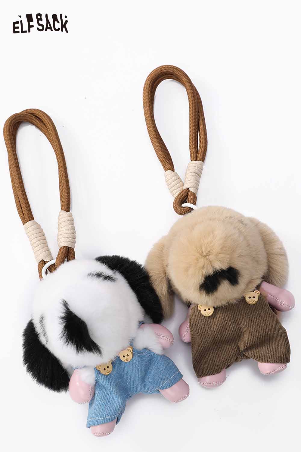 ELFSACK plush animal keychain featuring cute bunny characters in overalls for playful accessory lovers