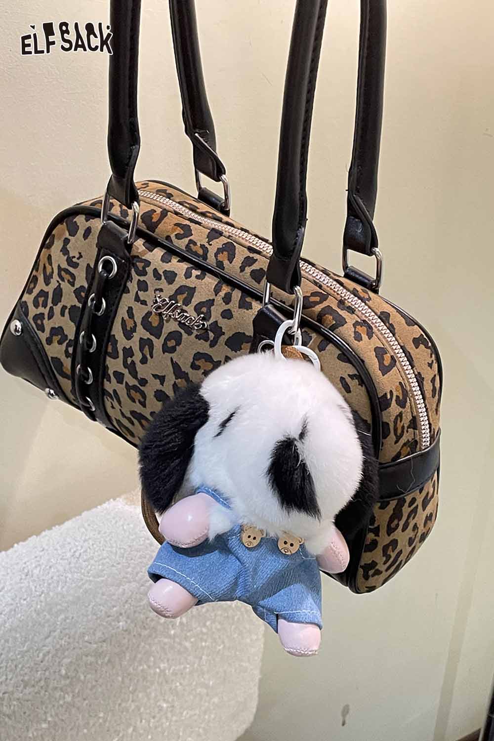 ELFSACK leopard print handbag with a cute plush animal keychain attached for stylish accessory lovers