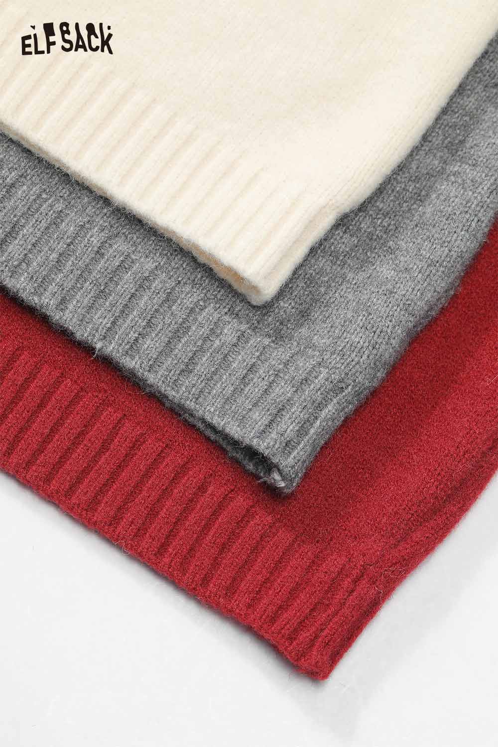 ELFSACK plush collar zip sweater for women in cream, gray, and red colors with ribbed hems