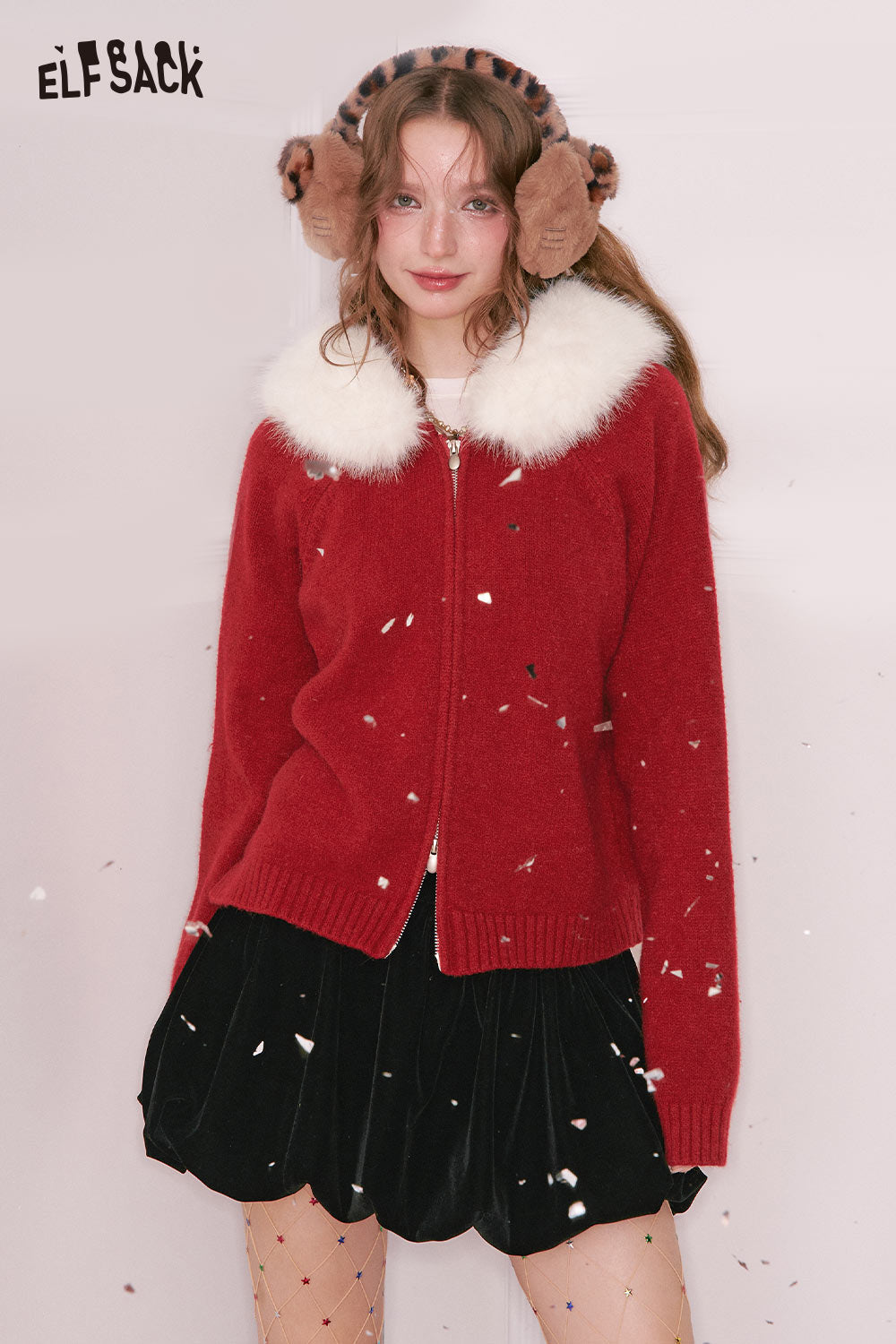 ELFSACK red plush collar zip sweater for women with soft fabric and cozy style for winter outings