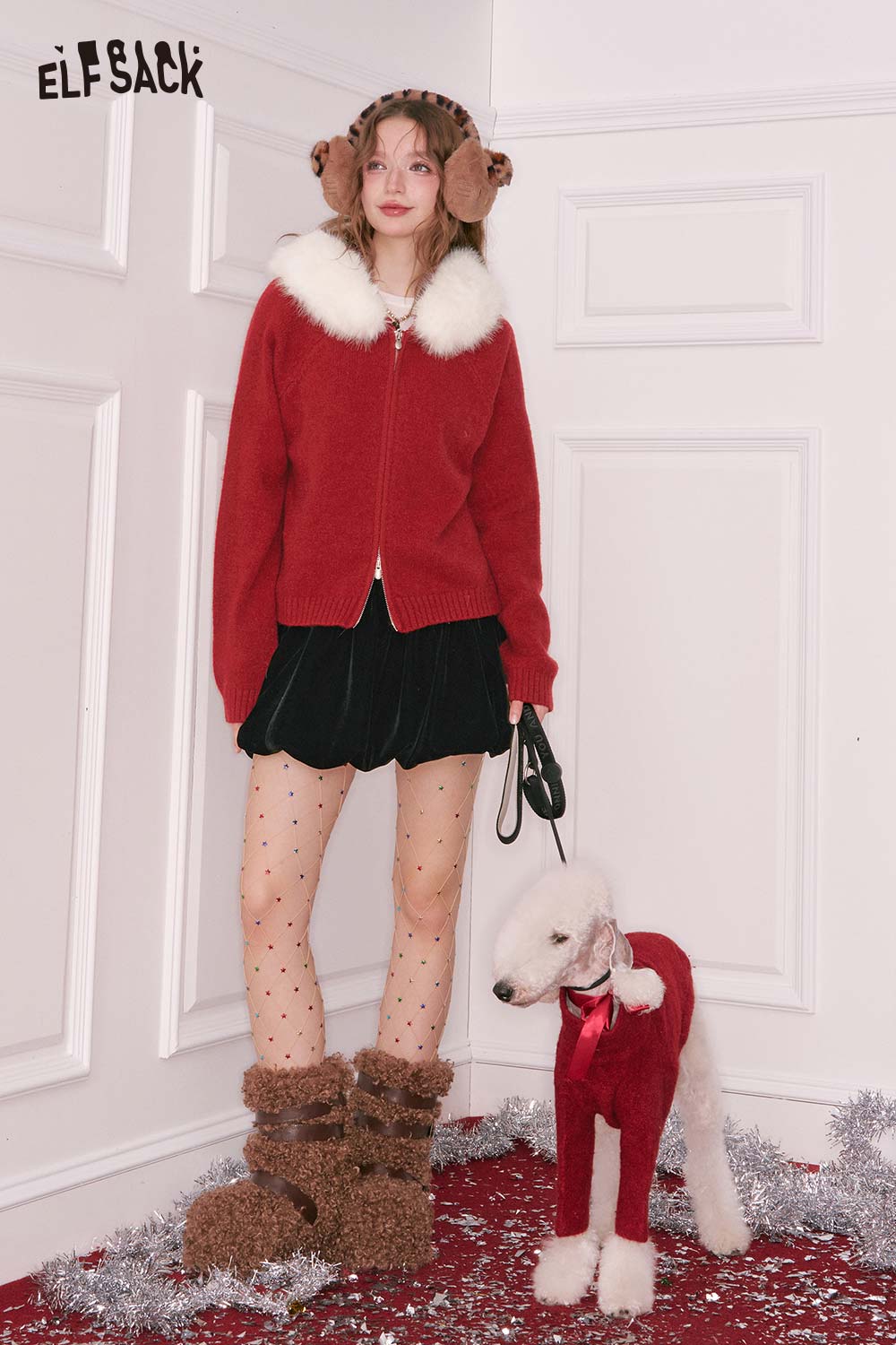 ELFSACK plush collar zip sweater for women in red, paired with black skirt and festive accessories