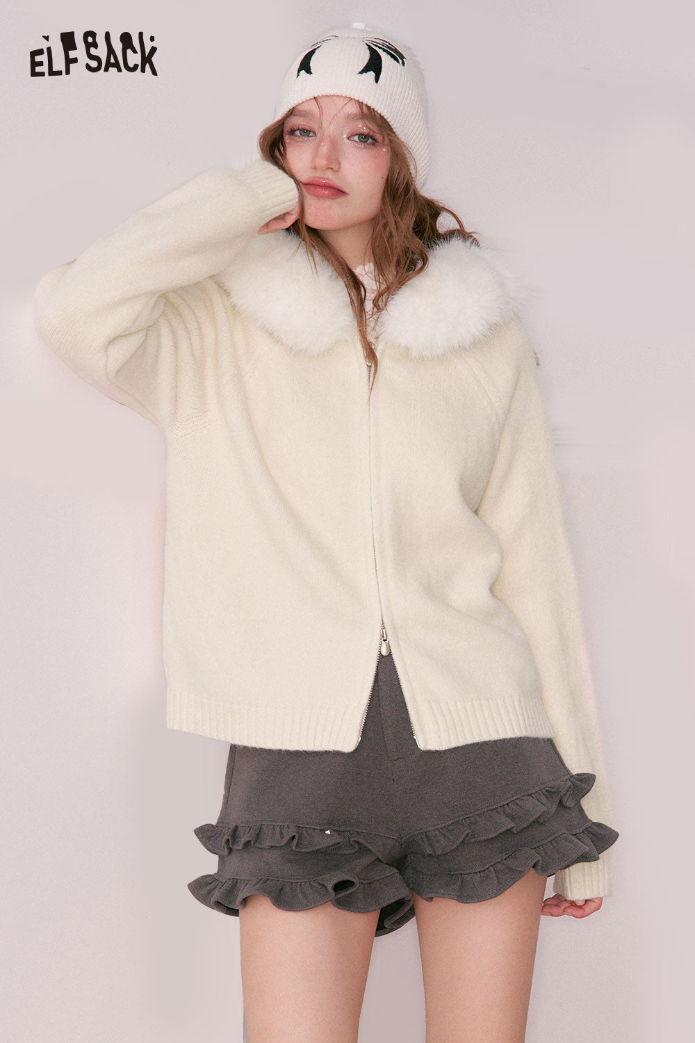 ELFSACK plush collar zip sweater for women in cream, featuring a cozy design with a fluffy collar