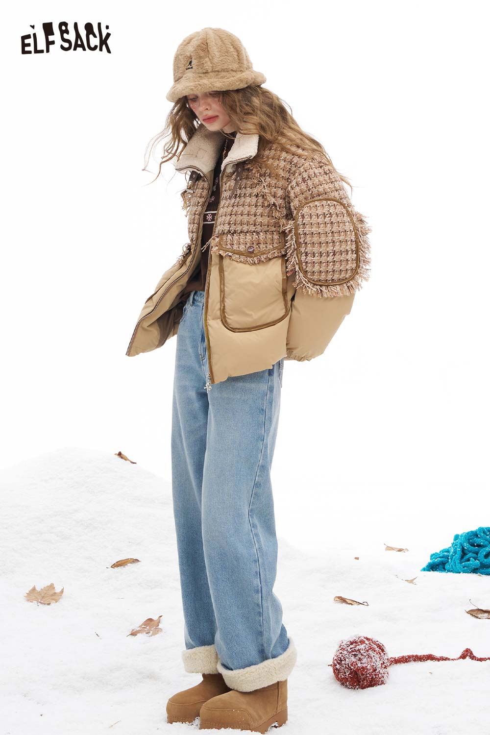 ELFSACK plush cuff straight jeans for women styled with a cozy winter jacket and hat