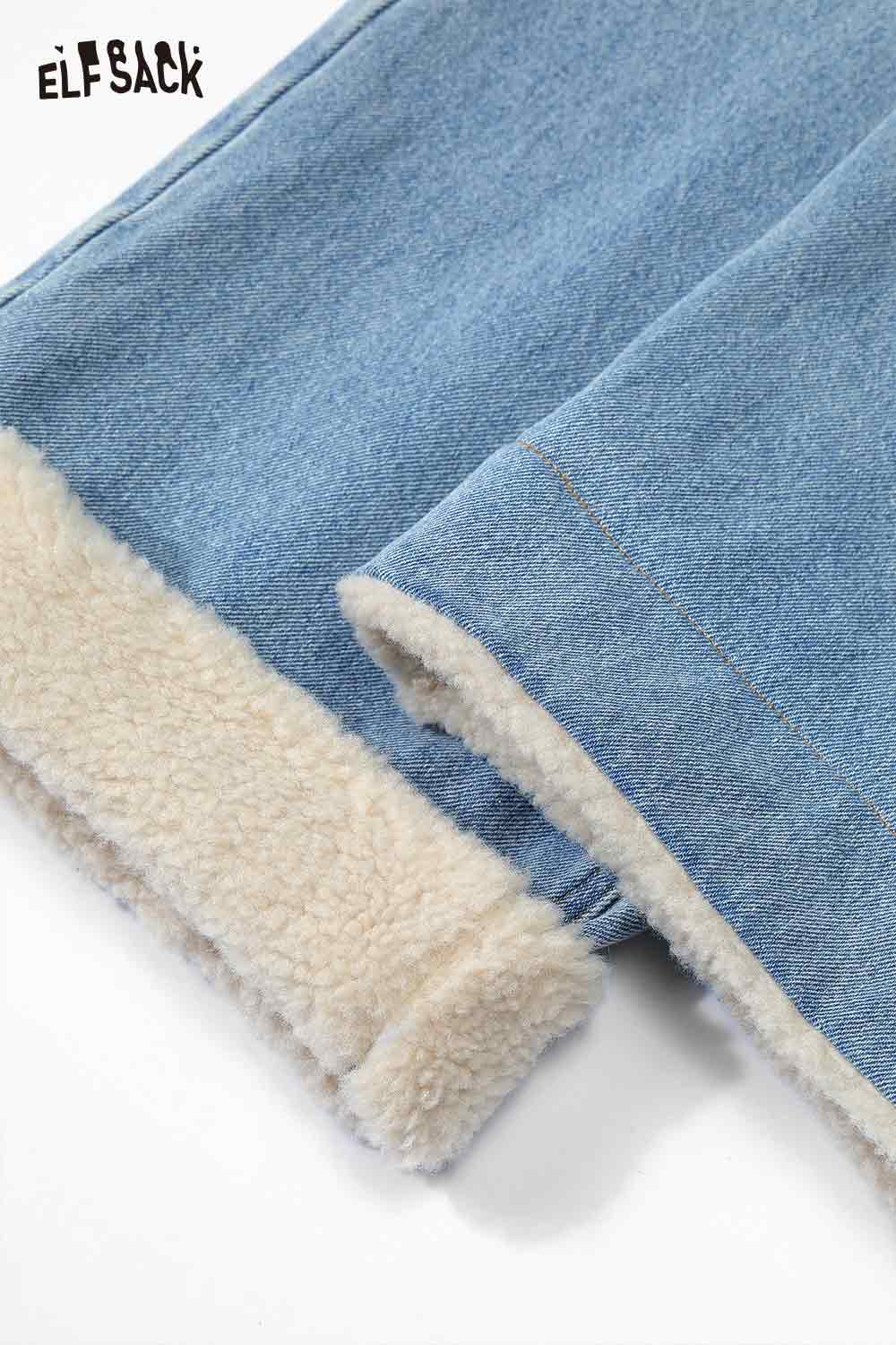 Close-up of ELFSACK plush cuff straight jeans for women featuring soft fleece lining at the hems