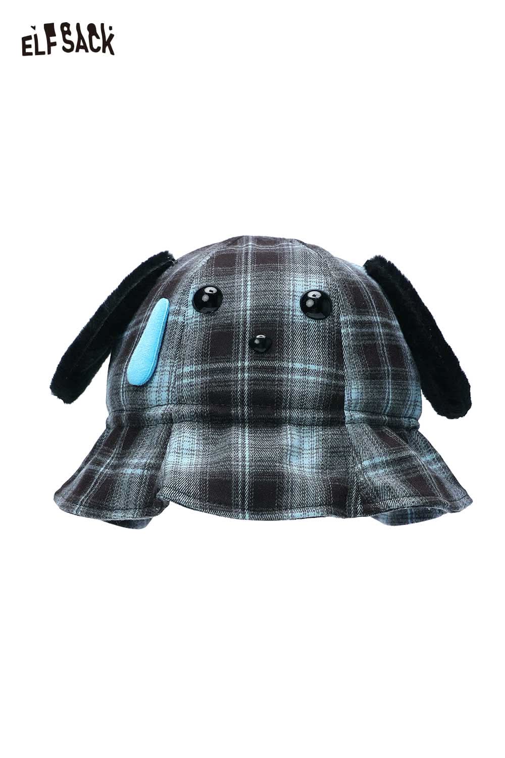 ELFSACK plush ear tartan bucket hat featuring a playful plaid design and cute dog ears