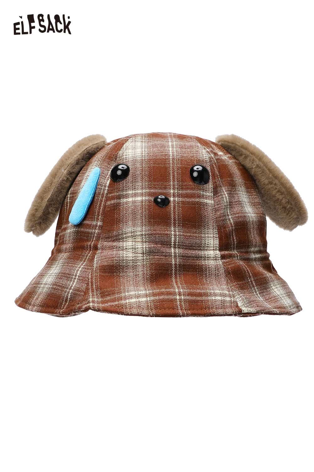 Brown plush ear tartan bucket hat featuring cute dog ears and button eyes for a playful look