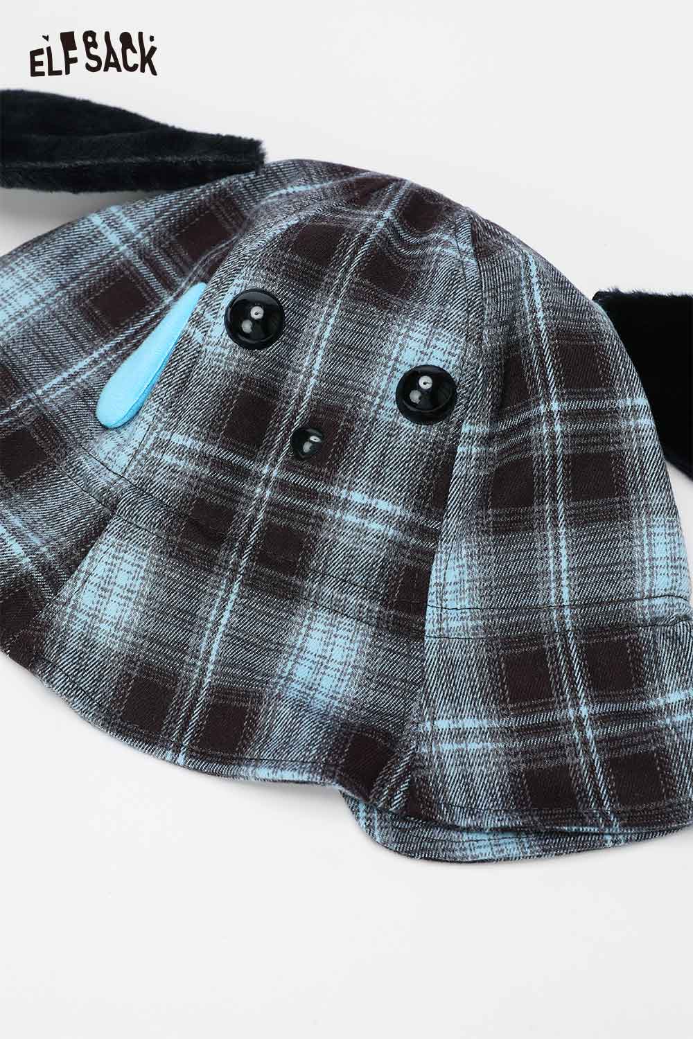 ELFSACK plush ear tartan bucket hat with playful design and soft fabric for stylish winter wear