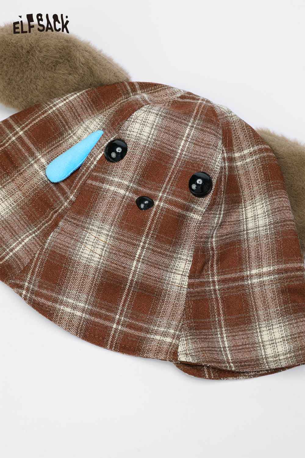 ELFSACK plush ear tartan bucket hat featuring cute design and ear details for stylish outfits