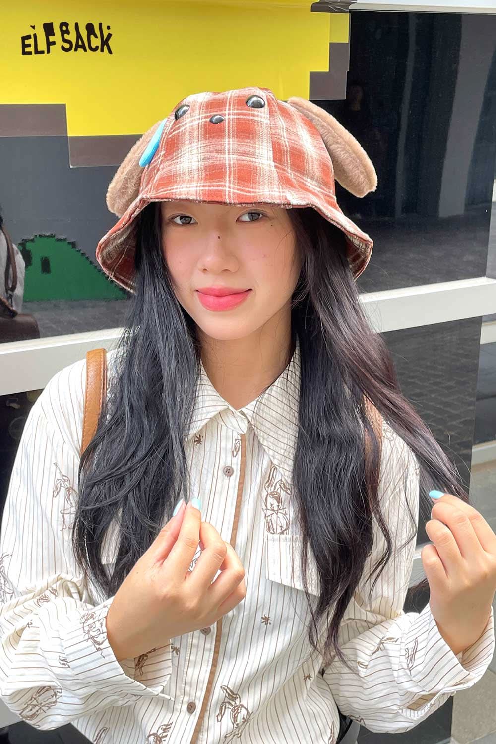 ELFSACK plush ear tartan bucket hat in brown with a playful design, perfect for stylish outings