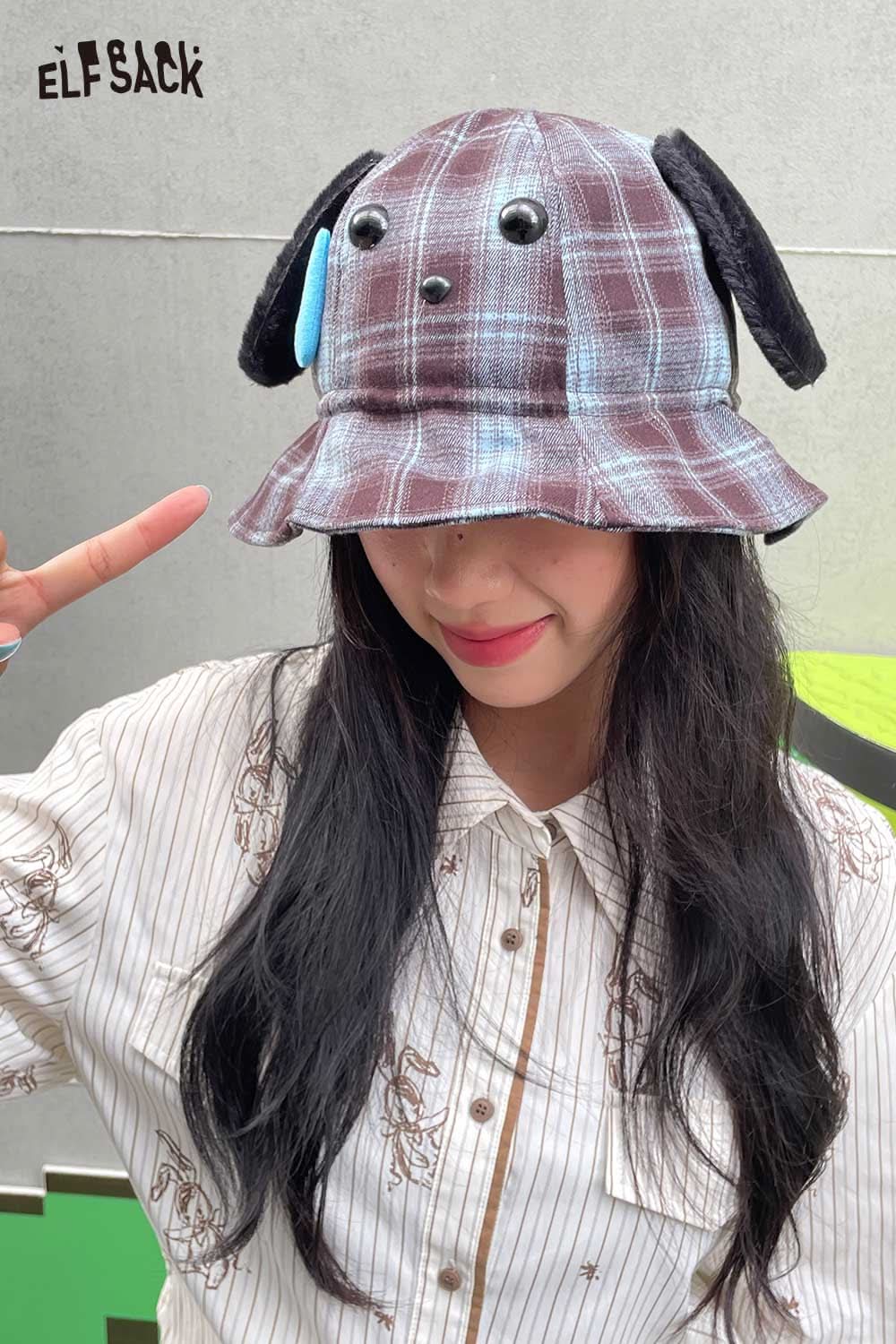 ELFSACK plush ear tartan bucket hat with cute dog ears for a playful accessory look