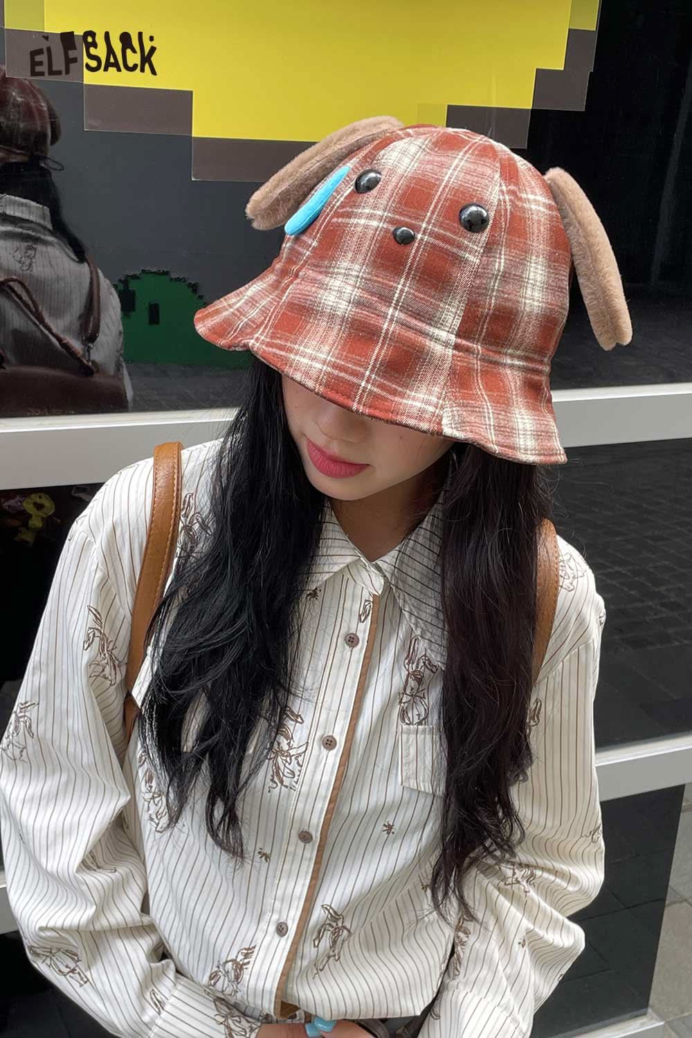 ELFSACK plush ear tartan bucket hat with cute dog design and ears for trendy street style