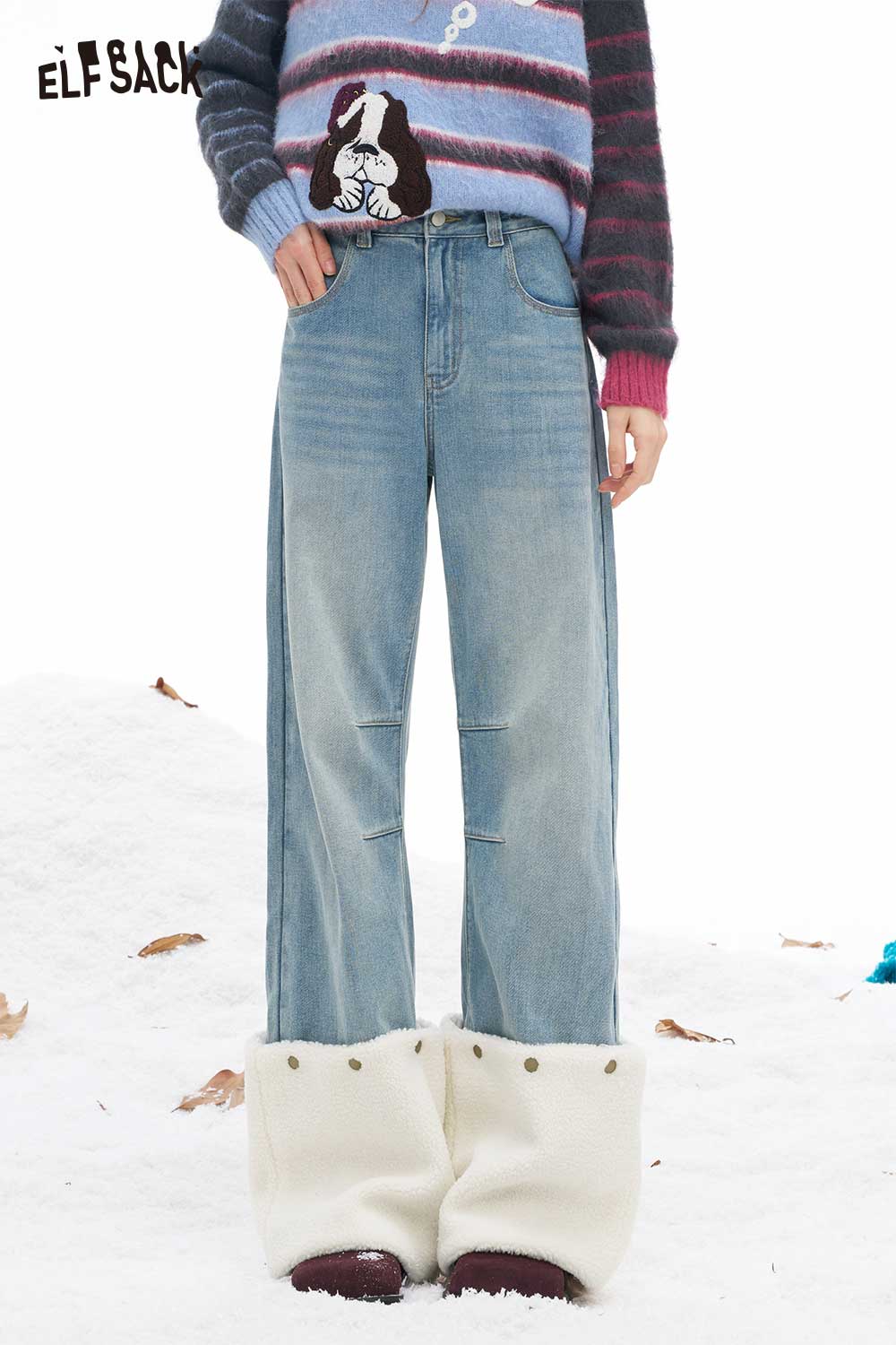 ELFSACK plush hem patchwork jeans with wide legs and casual style for a trendy winter look
