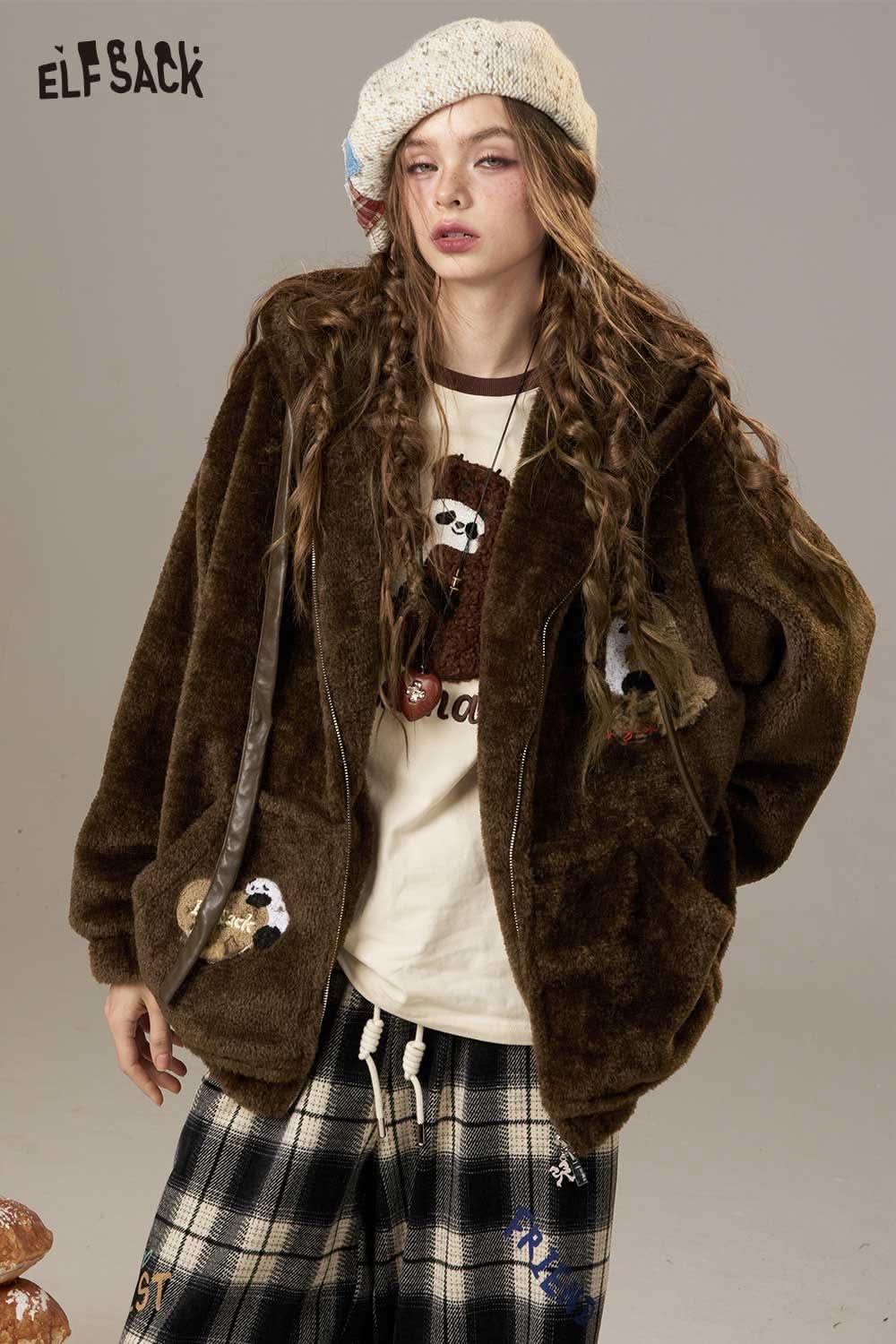 ELFSACK plush hooded puffer jacket for women in brown, with cozy design and pockets for added style