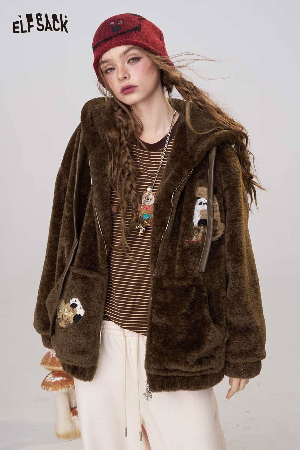 ELFSACK plush hooded puffer jacket for women in brown with cute animal embroidery and oversized fit