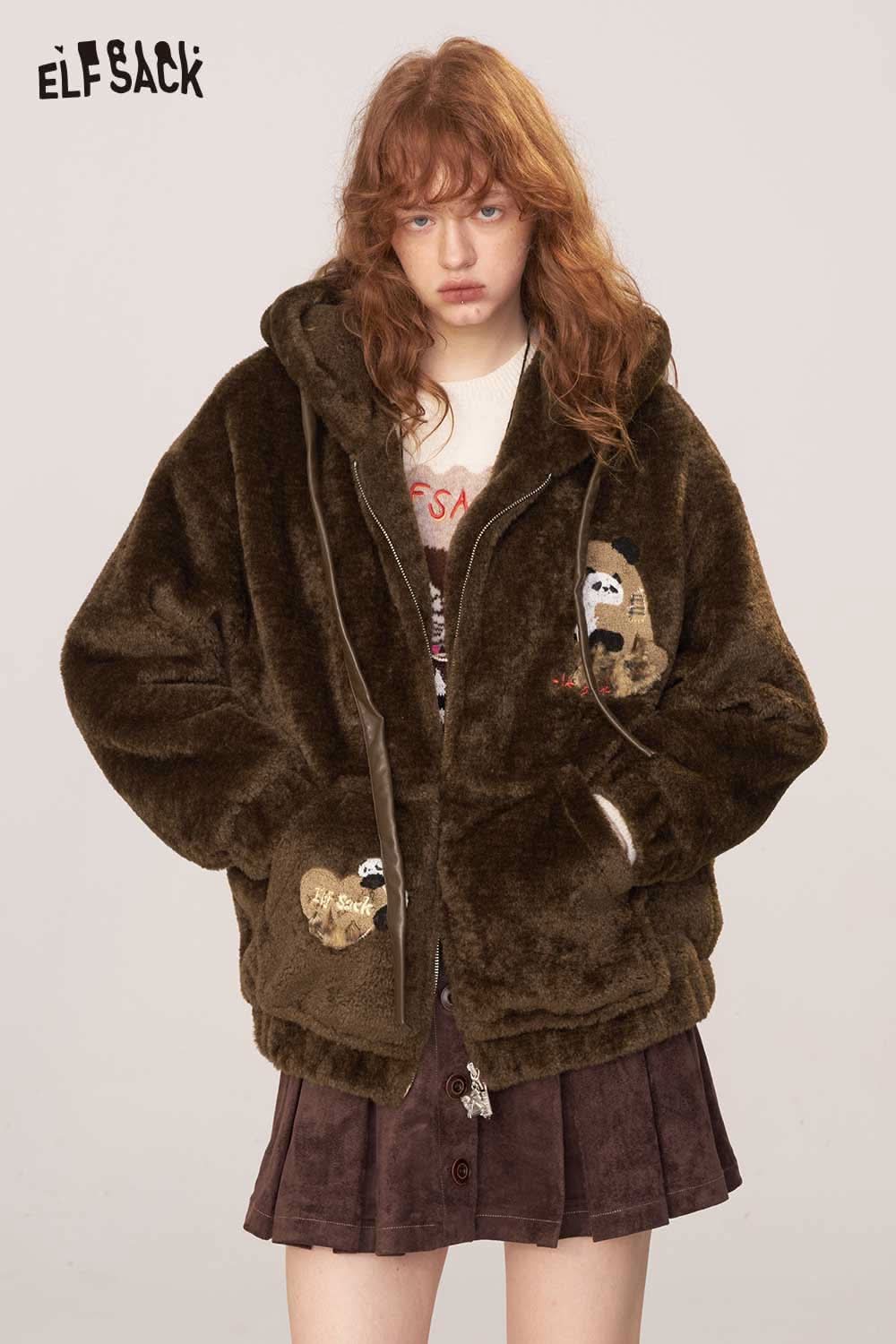 ELFSACK plush hooded puffer jacket for women in dark green with cute animal designs