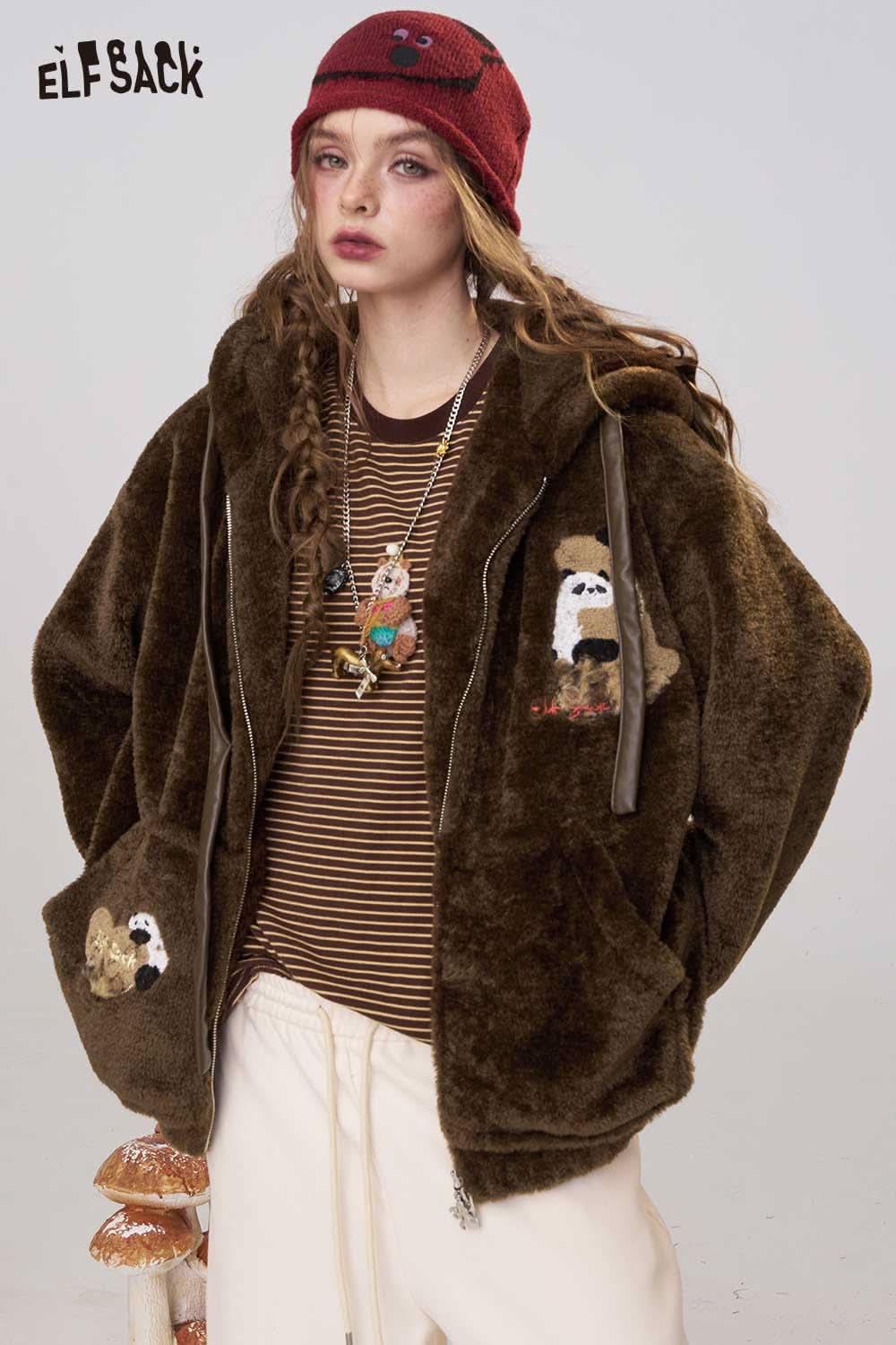 ELFSACK plush hooded puffer jacket for women in brown with unique panda design and spacious pockets
