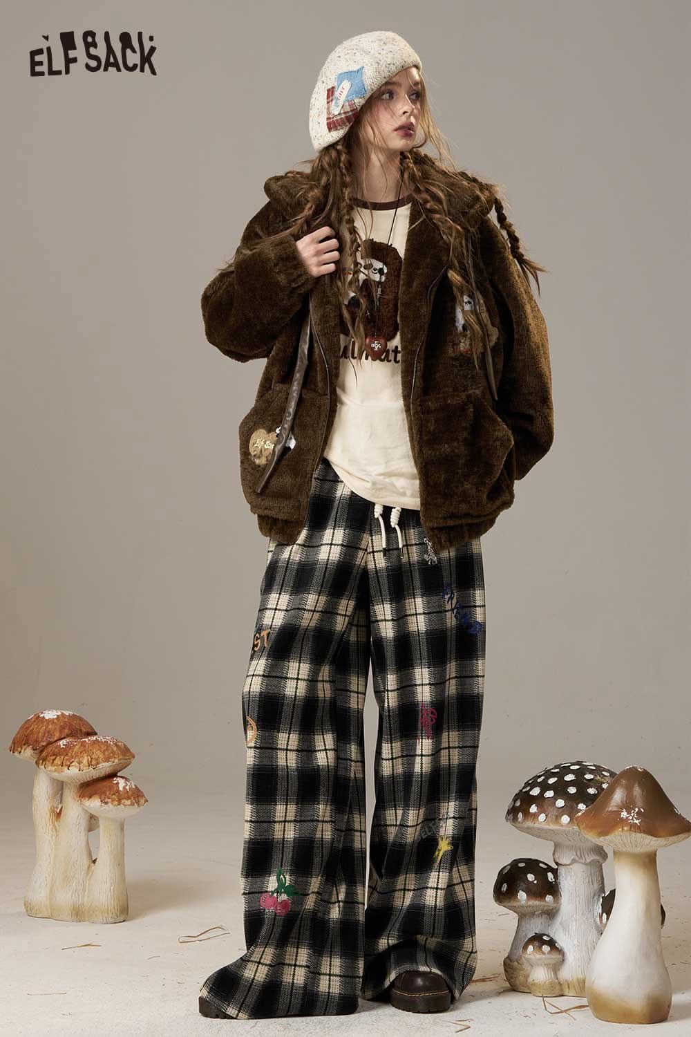 Fashionable ELFSACK plush hooded puffer jacket for women styled with cozy plaid pants and a knit hat