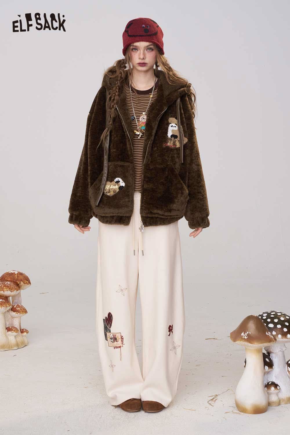 ELFSACK plush hooded puffer jacket for women, featuring a soft design with unique embroidery accents