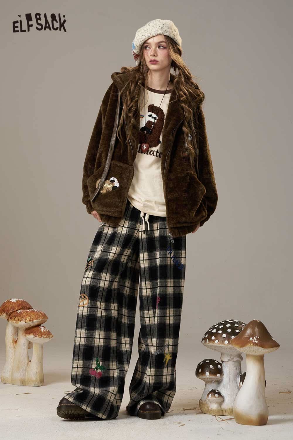 ELFSACK plush hooded puffer jacket for women in brown paired with stylish plaid pants and cozy accessories