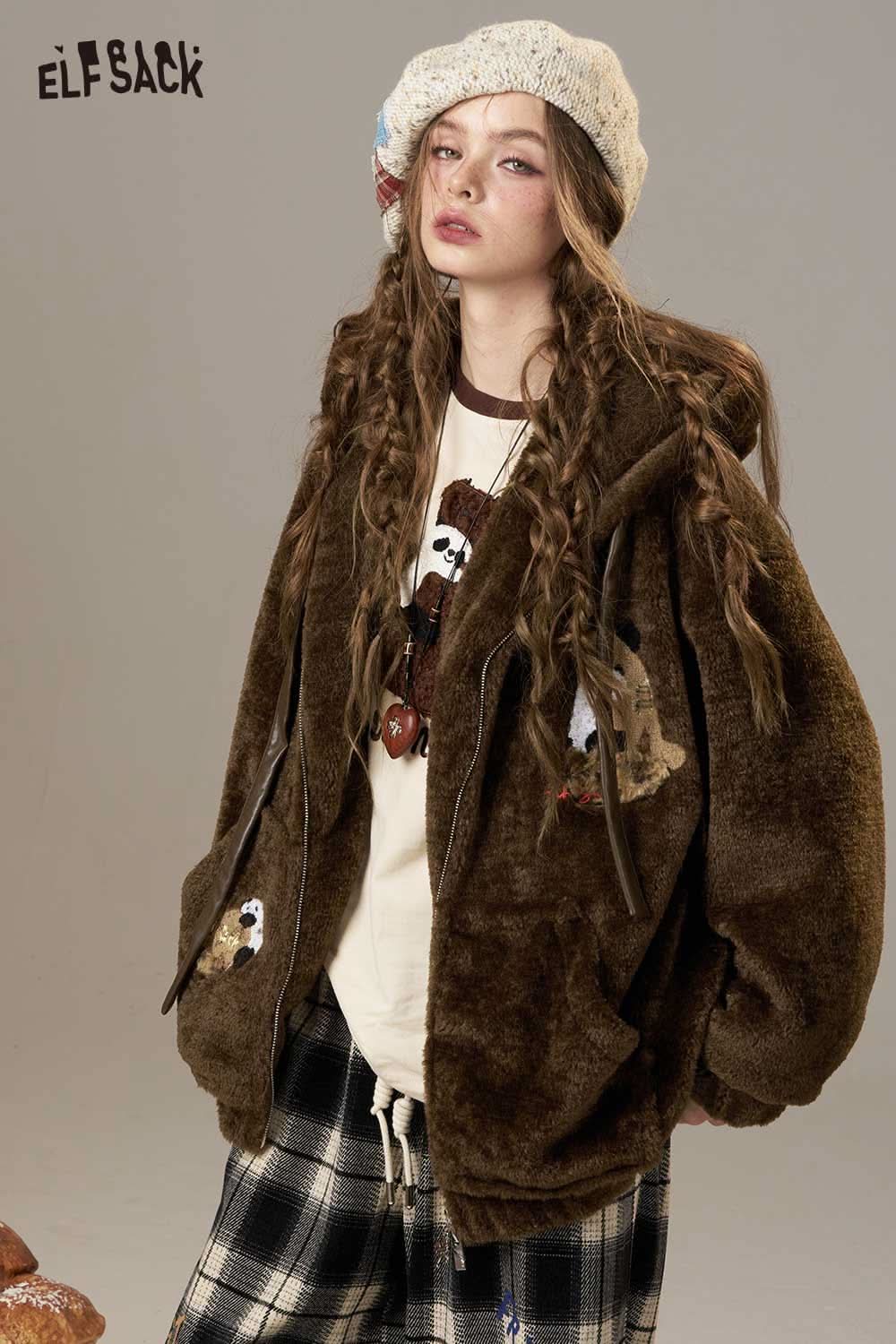 ELFSACK plush hooded puffer jacket for women in brown with unique applique designs, perfect for stylish warmth