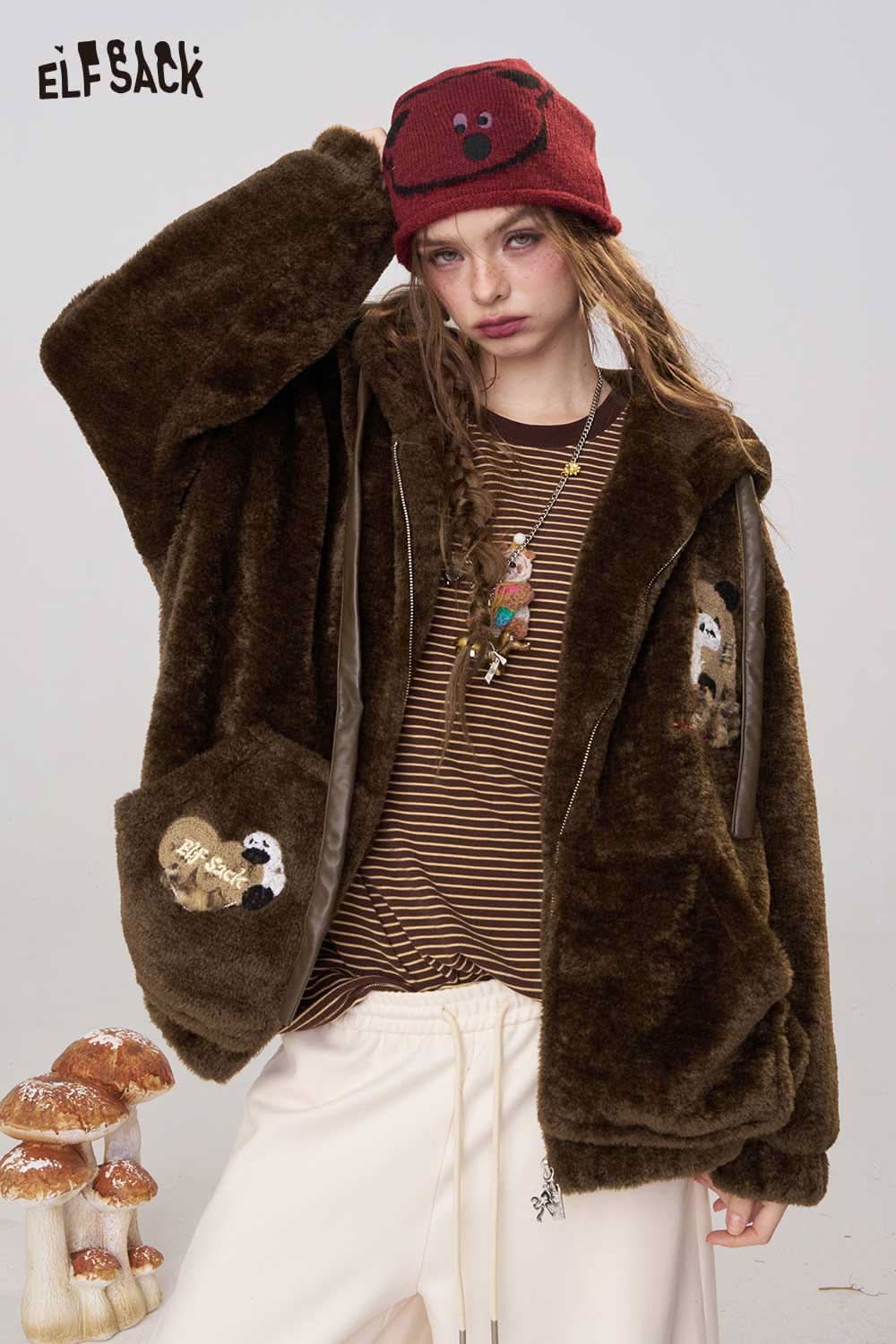 ELFSACK plush hooded puffer jacket for women featuring playful animal embroidery and cozy pockets